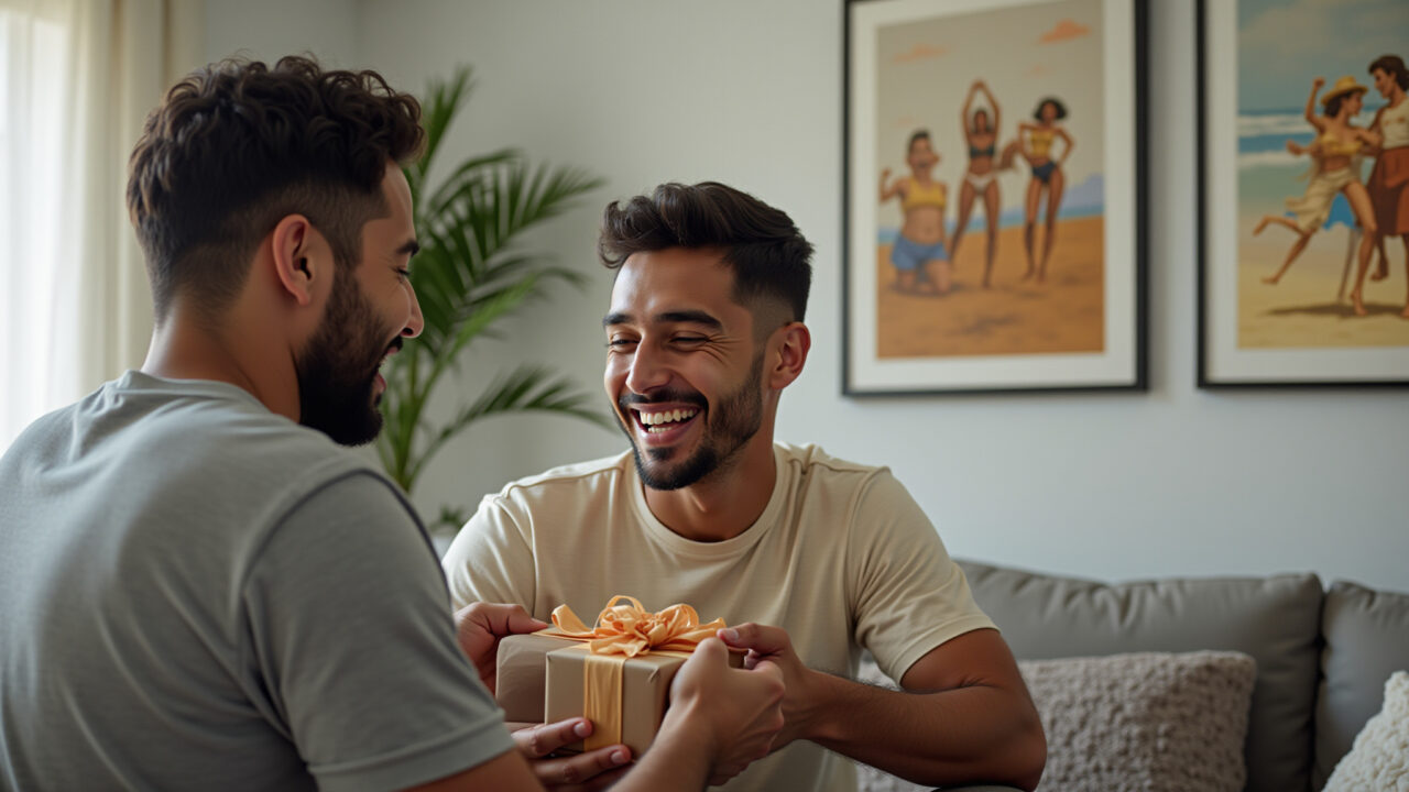 Two Brazilian male friends, one gifting the other a present, laughing, in a modern apartment with Amigos celebrando aniversário como irmãos.