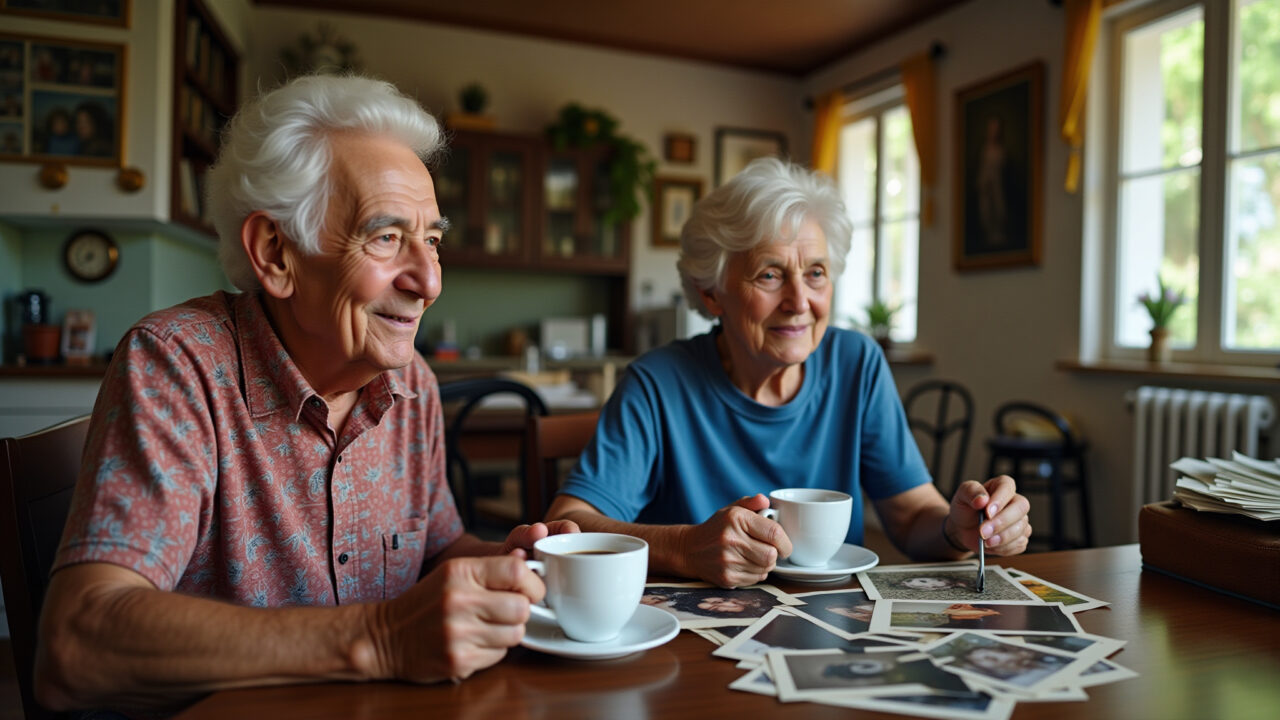 Two elderly Brazilian friends, reminiscing old photos, drinking coffee, in a vintage style house. Amigos de infância recordando memórias.