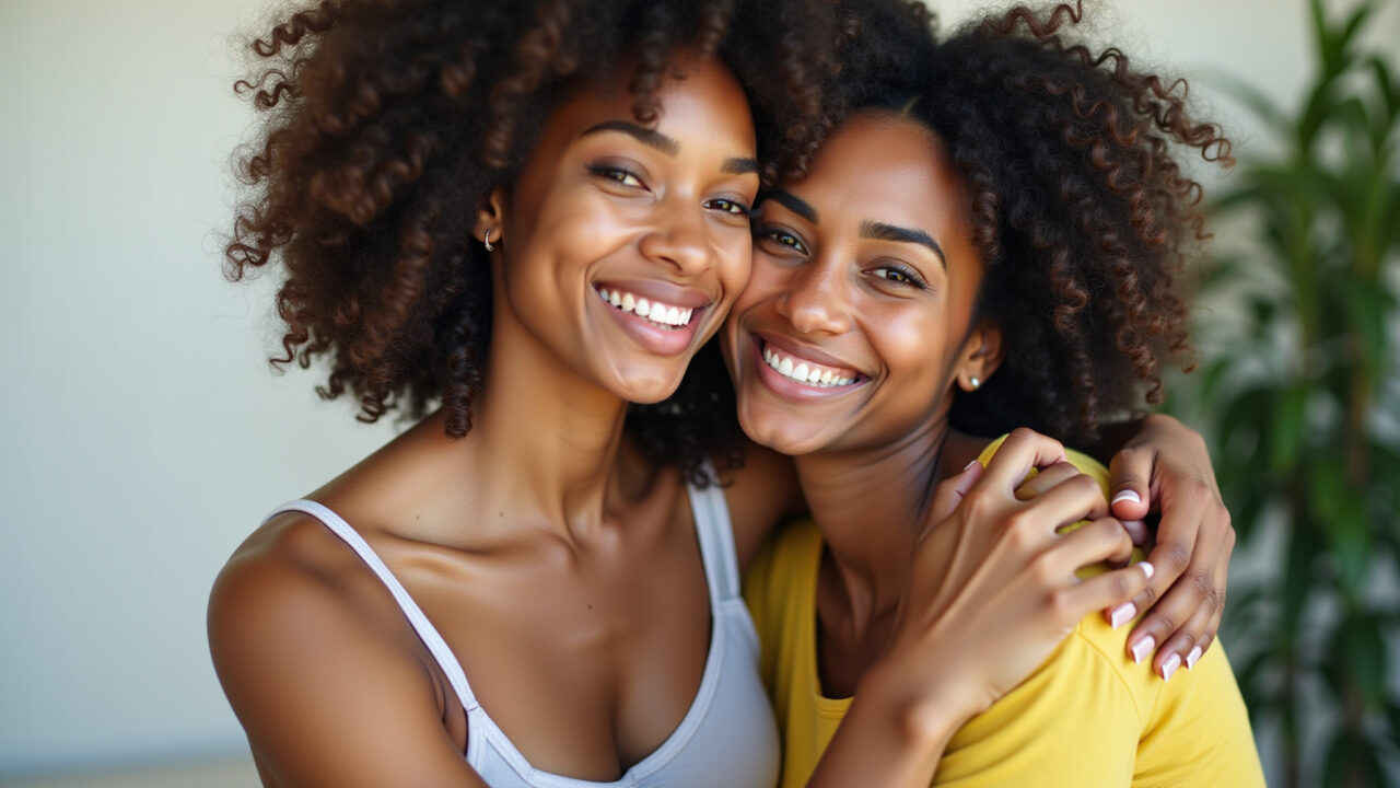 Two female friends, one giving the other a hug on her birthday. Short quote overlay. Brazilian Amigas se abraçando no aniversário com frase curta.