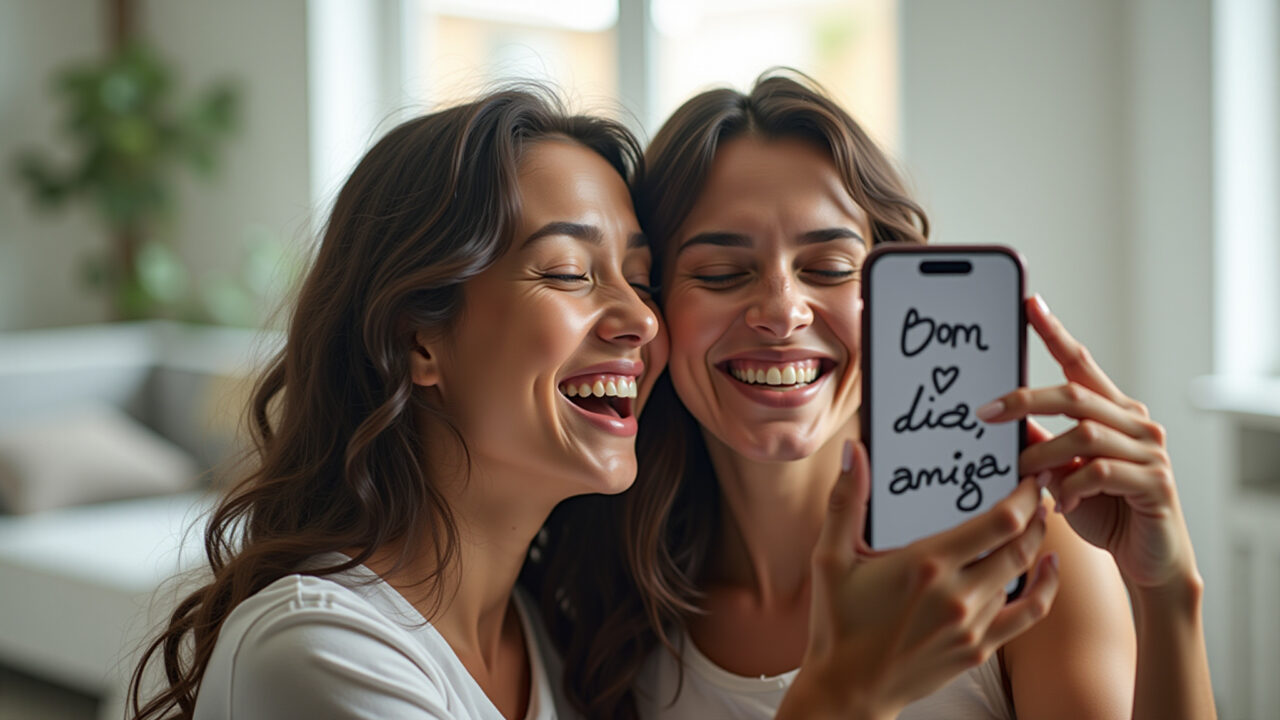 Two women in their 20s, laughing and hugging, with a 'bom dia, amiga' message on a phone screen. Amigas abraçadas com frase de bom dia para amiga.