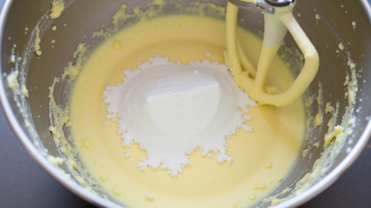 Un-sifted powdered sugar in buttercream, professional photography, 8K, sharp focus, grainy texture, Açúcar de confeiteiro não peneirado no buttercream.