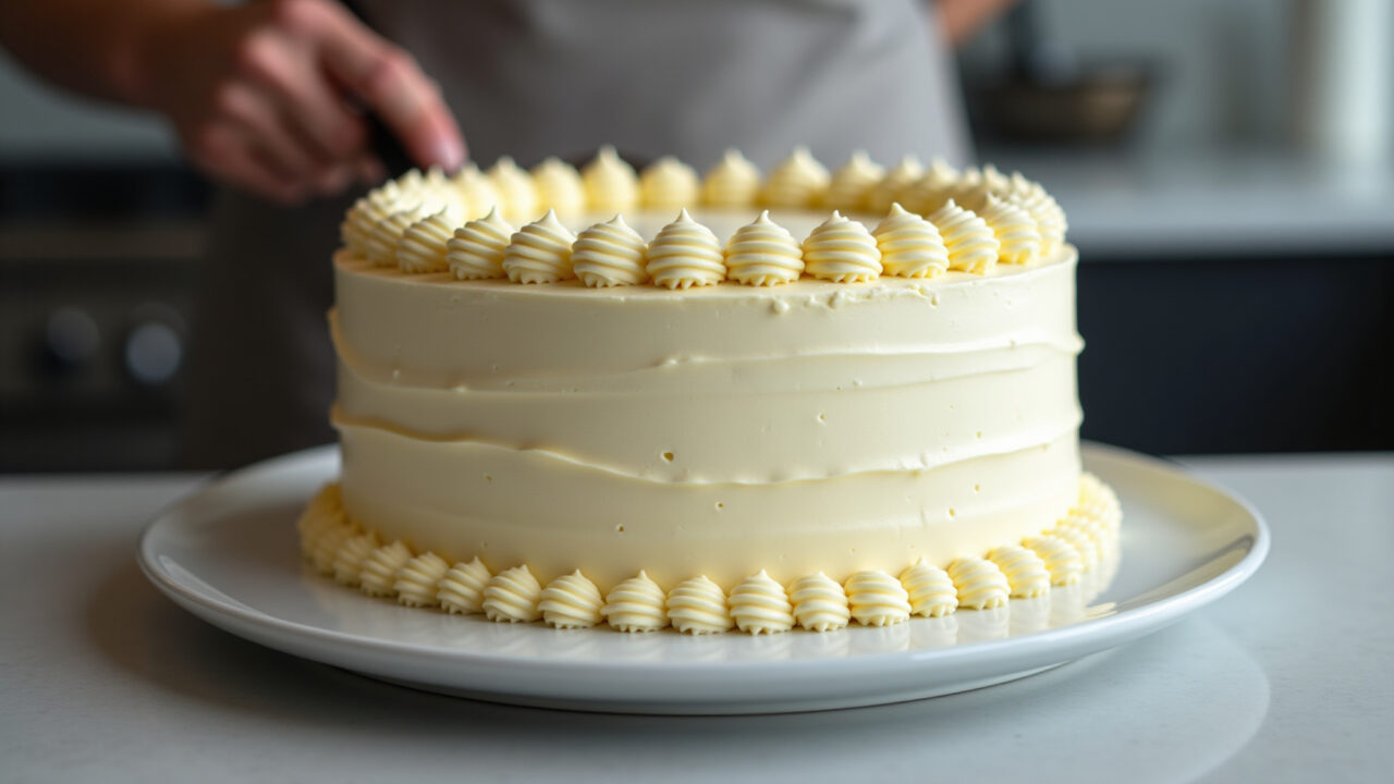 Uneven buttercream cake, professional photography, 8K, sharp focus, spatula, natural lighting, Bolo com buttercream mal alisado, imperfeições.