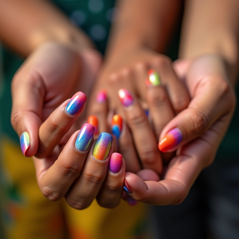 Unhas degradê coloridas e vibrantes em diferentes tons.