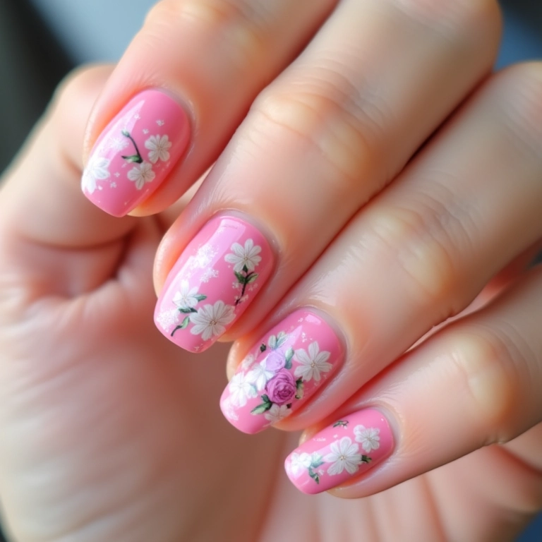 Unhas degradê com adesivos florais em tons pastel.