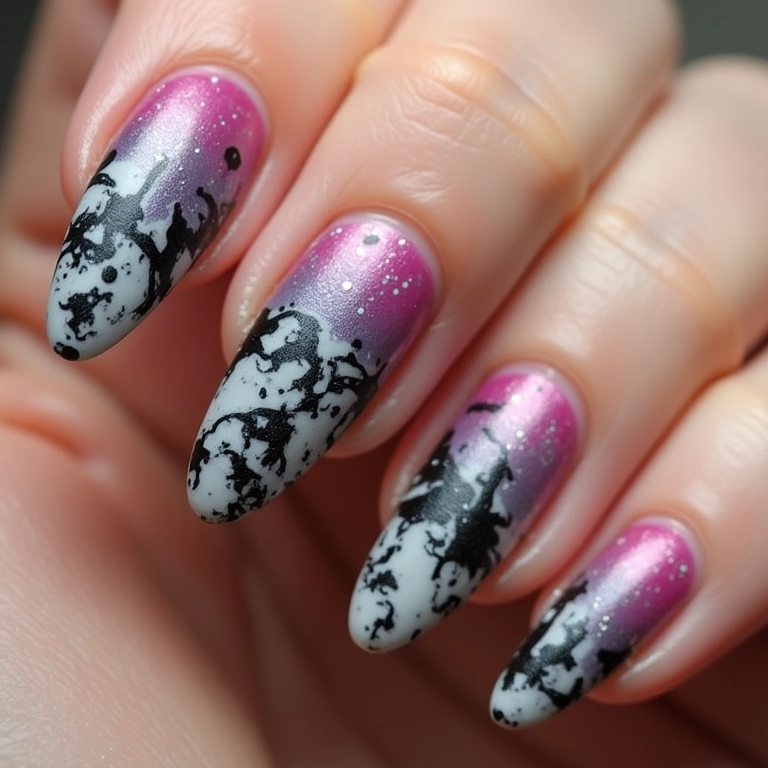 Unhas degradê com carimbo em preto e branco.