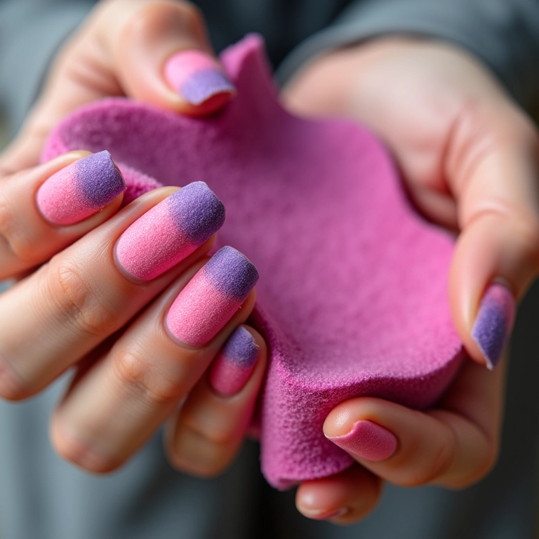 Unhas degradê com esponja em tons de rosa e roxo.