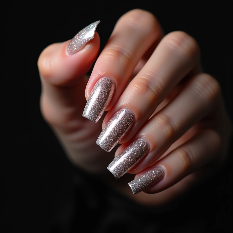 Unhas degradê com glitter prateado e dourado.