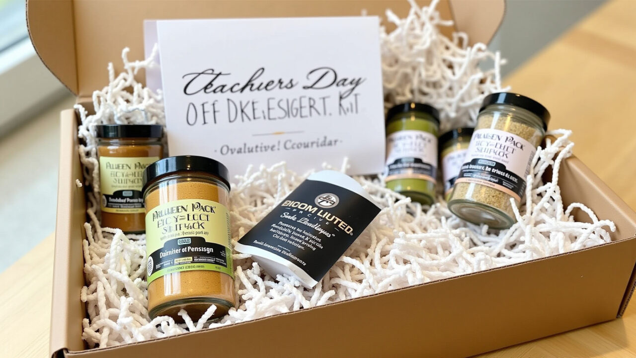 Unique teacher's day gift, gourmet spice kit, beautifully packaged, 8K quality, sharp focus, Lembrancinha diferente para o Dia do Professor: kit de temperos gourmet.