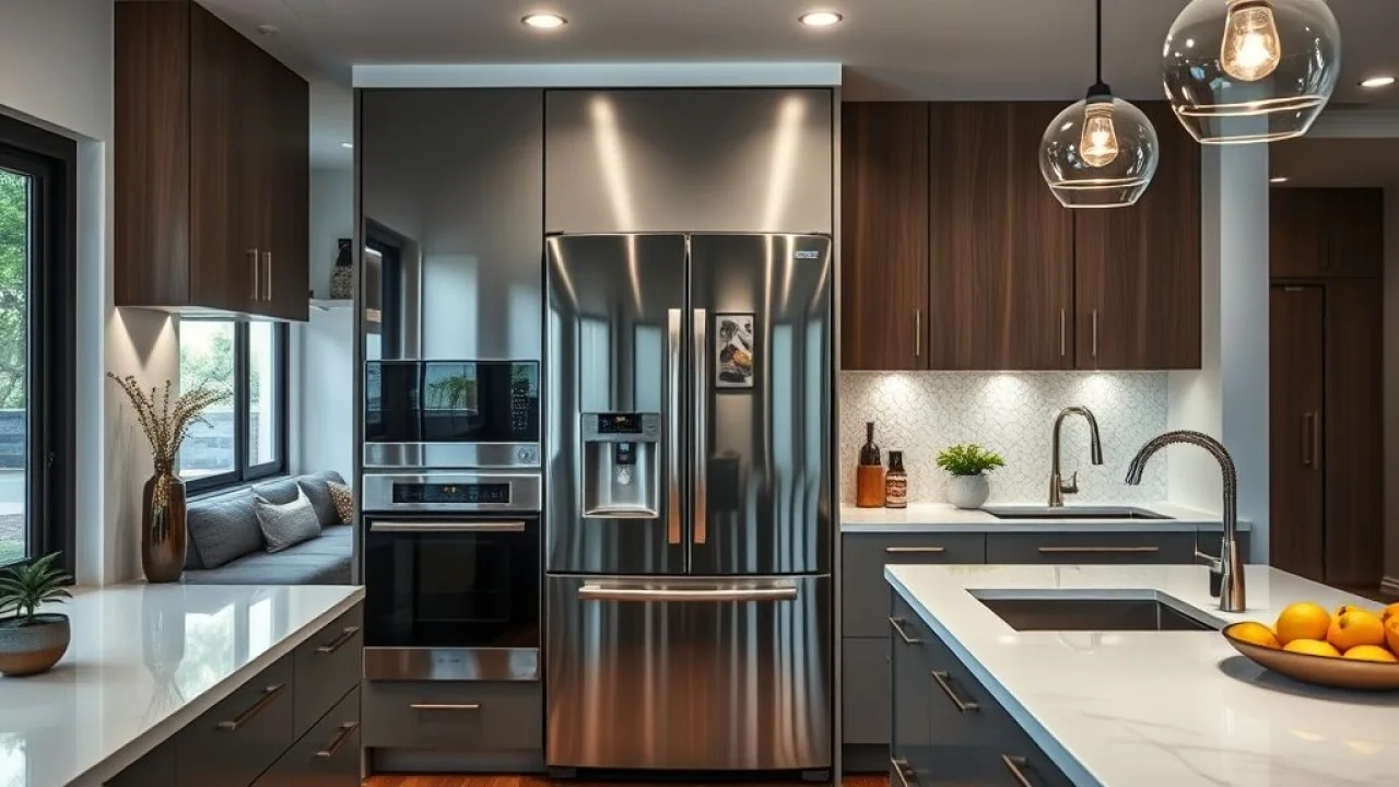 Upscale Brazilian kitchen with a mirrored refrigerator reflecting the surrounding modern decor. Cozinha sofisticada brasileira com geladeira espelhada refletindo a decoração moderna.