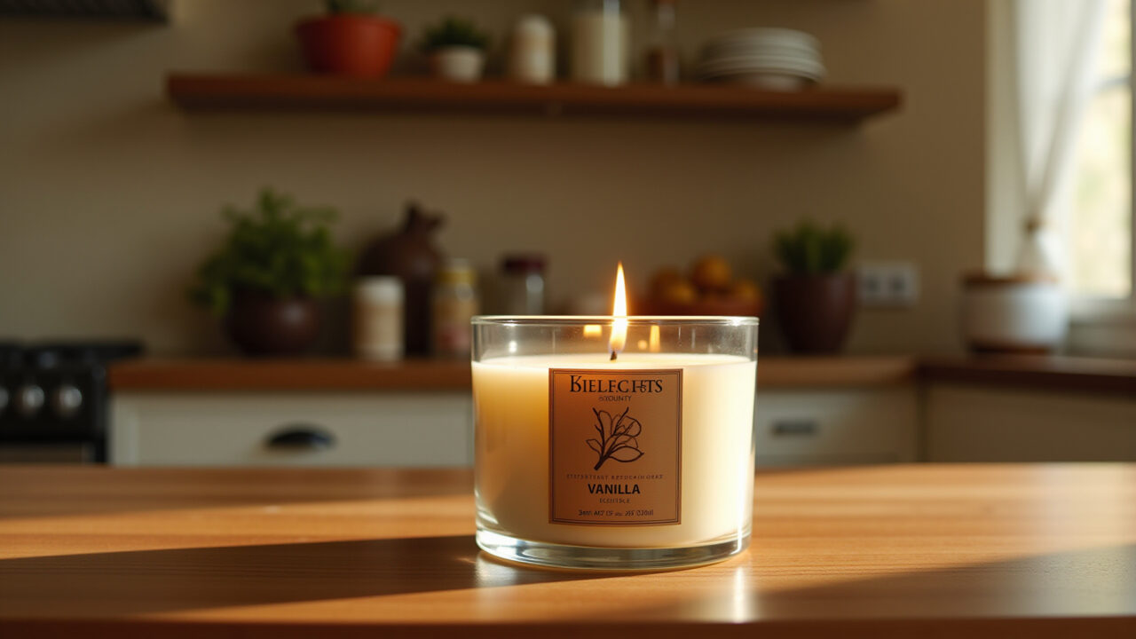 Vanilla scented candle, kitchen scene, warm tones, inviting atmosphere, natural lighting, Brazilian Vela de baunilha para aconchego.
