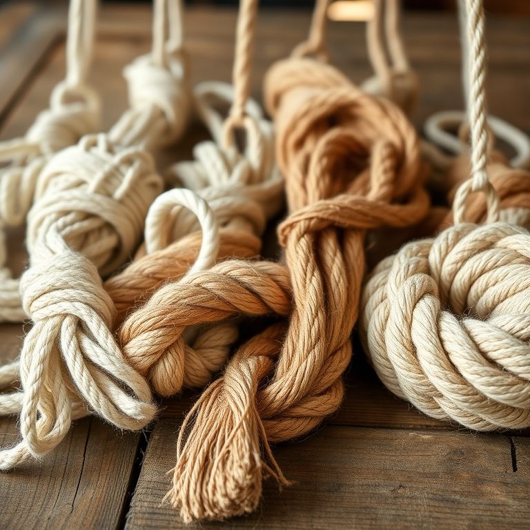 Variedade de fios de macramê: algodão, juta e náutico dispostos em uma mesa rústica de madeira.
