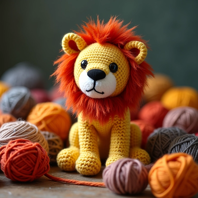 Variedade de fios para amigurumi com um leão pronto.