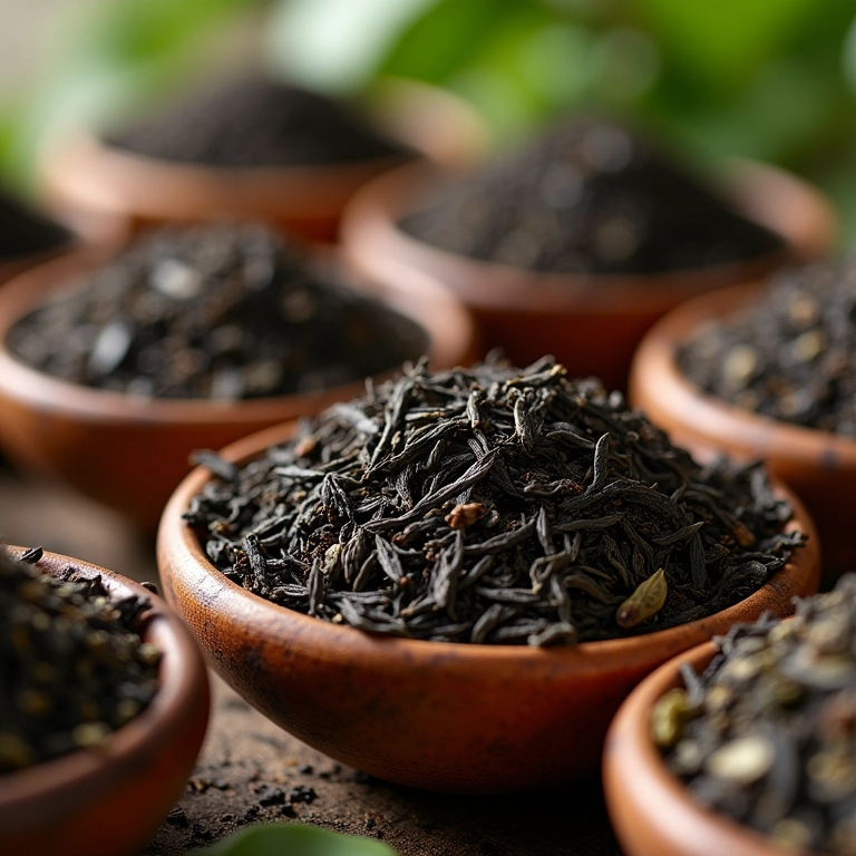 Variedade de folhas de chá preto para um chai perfeito.