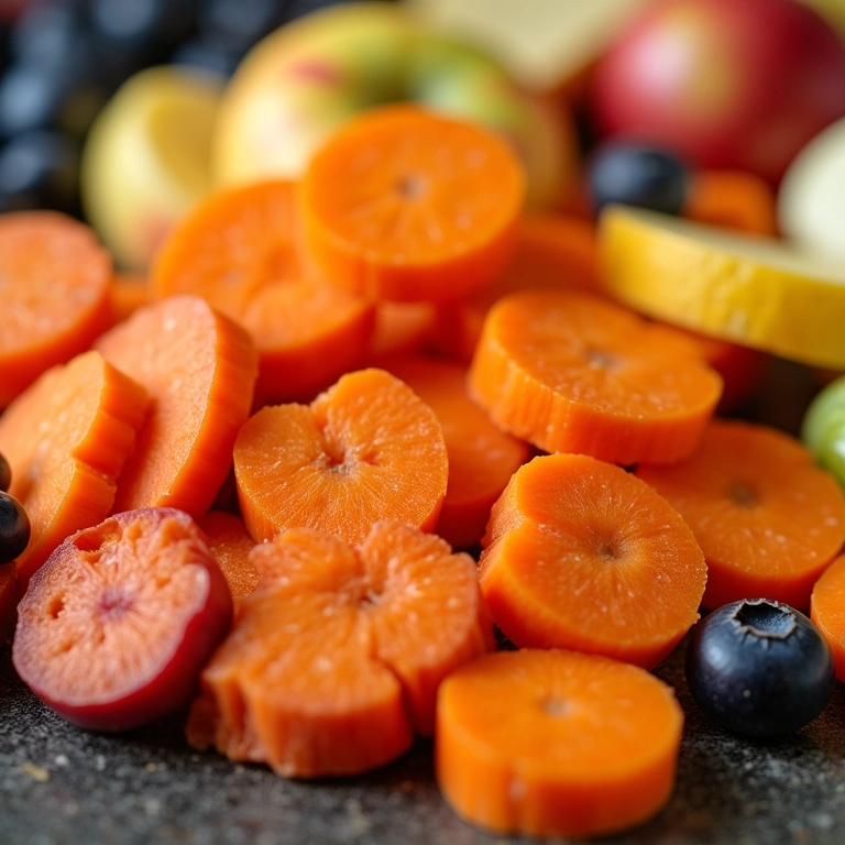 Variedade de frutas e legumes para petiscos caninos.