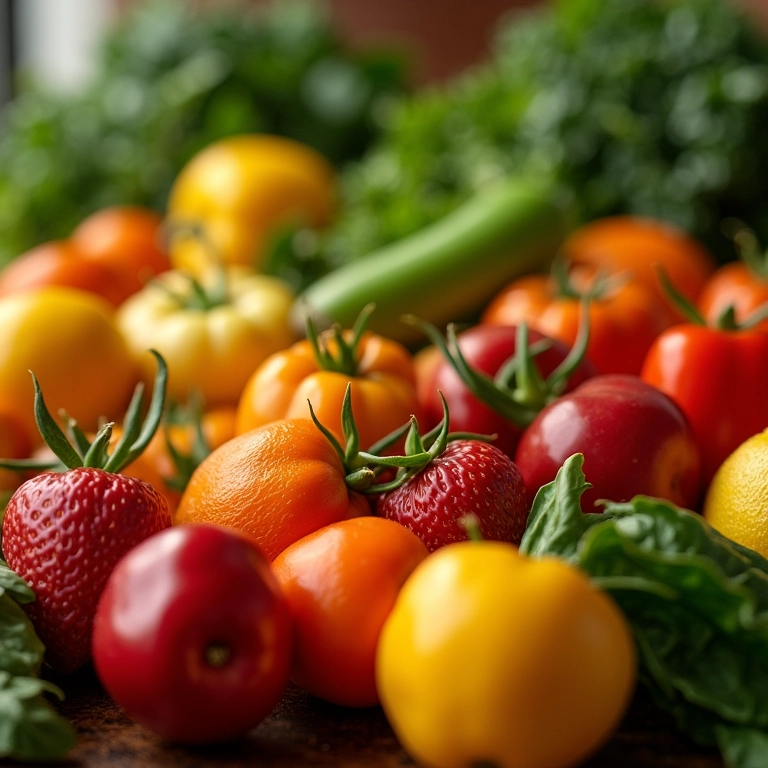 Variedade de frutas e vegetais representando os benefícios do Jejum de Daniel.