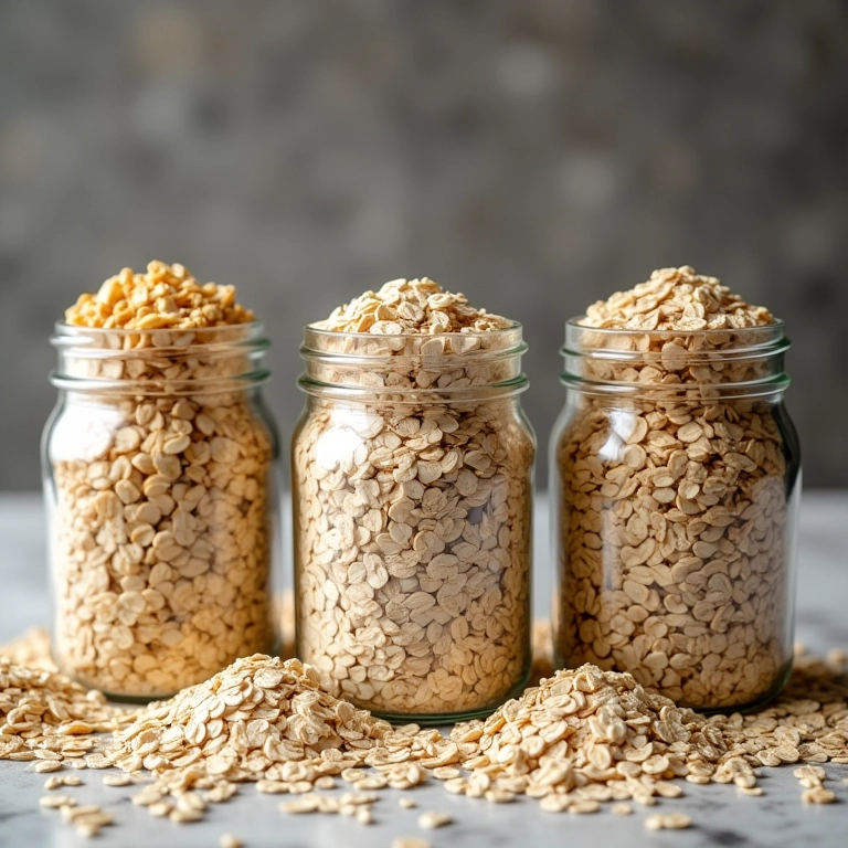 Variedade de tipos de aveia (laminada, em grãos, instantânea) em potes de vidro, mostrando as diferentes opções para cada receita.
