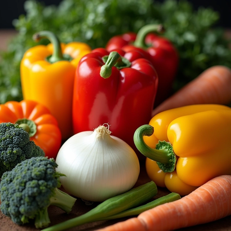 Variety of colorful vegetables (bell peppers, onions, carrots, broccoli) arranged for frango xadrez Legumes coloridos para frango xadrez light: pimentões, cebola, cenoura e brócolis.