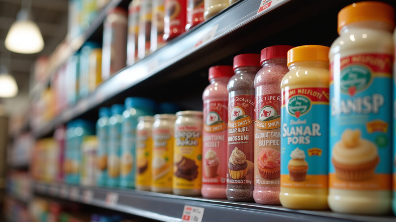 Various brands of sugar paste on a shelf in a baking supply store, professional photography, 8K Melhores marcas de pasta americana pronta para usar.