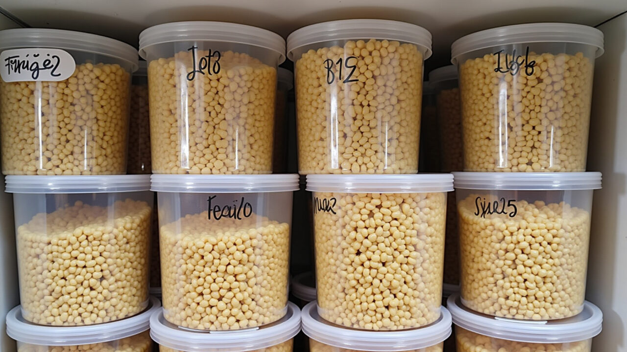 Various containers (plastic, bags) filled with cooked feijão, labeled with dates, organized in a Feijão congelado em diferentes embalagens