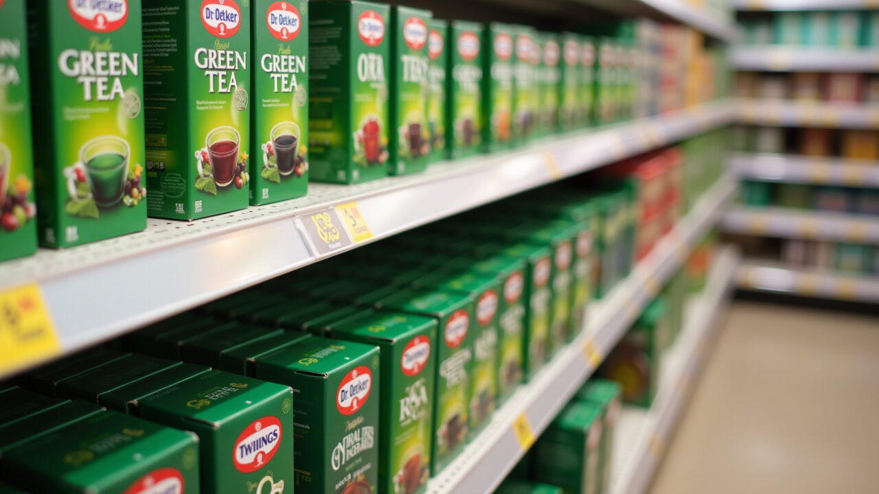 Various green tea brands on shelf, supermarket aisle, focus on Dr. Oetker, Twinings, Moncloa, 8k Prateleira de supermercado com diversas marcas de chá verde.