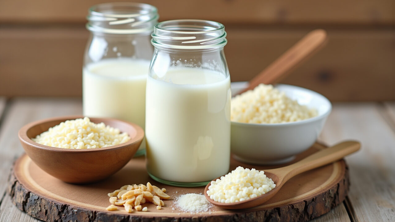 Various ingredients for homemade kefir: grains, milk, glass jar, wooden spoon, on a wooden table, Ingredientes para fazer kefir caseiro.