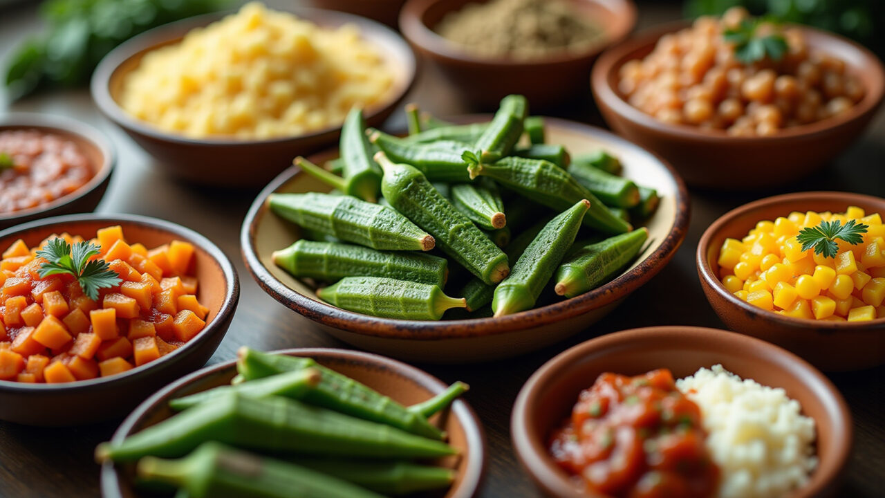 Various okra dishes, culinary versatility, vibrant colors, natural light, food photography, 8k Diversos pratos com quiabo, versatilidade culinária.