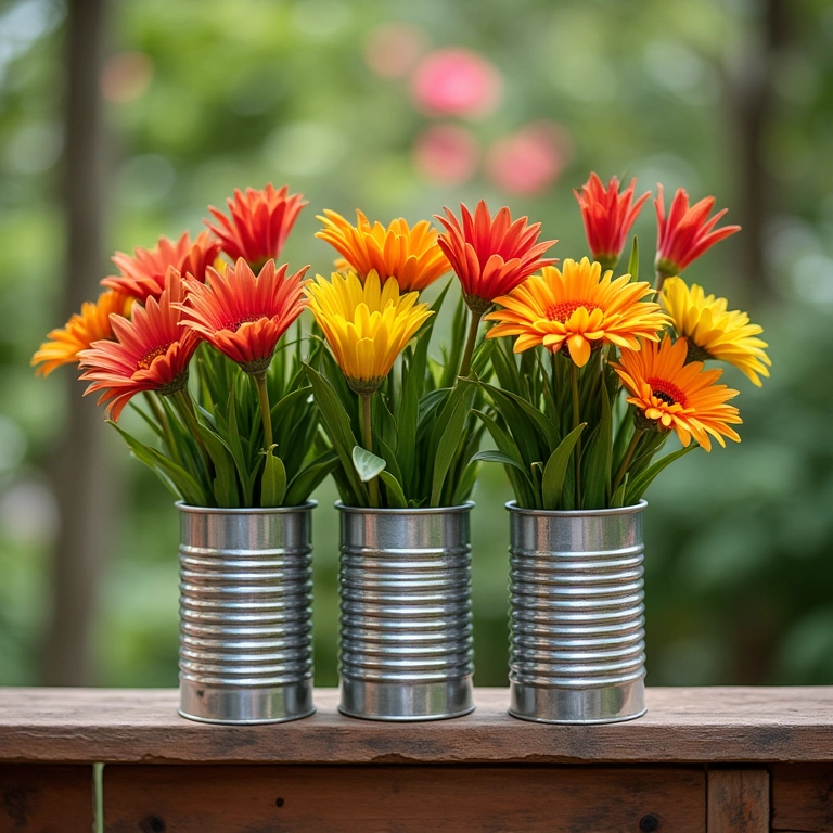 Vasos charmosos feitos de latas de alumínio com flores coloridas.