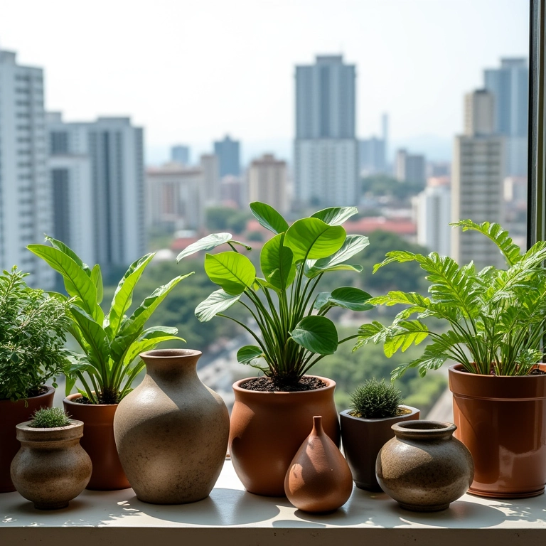 Vasos e cachepots de cerâmica artesanal com plantas.