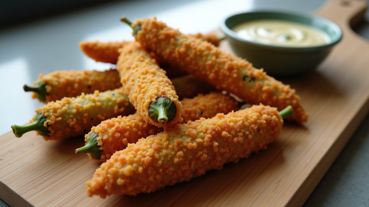 Vegan breaded okra, chickpea flour, crispy, dipping sauce, wooden board, natural light, 8K, Quiabo à milanesa vegano, receita criativa.
