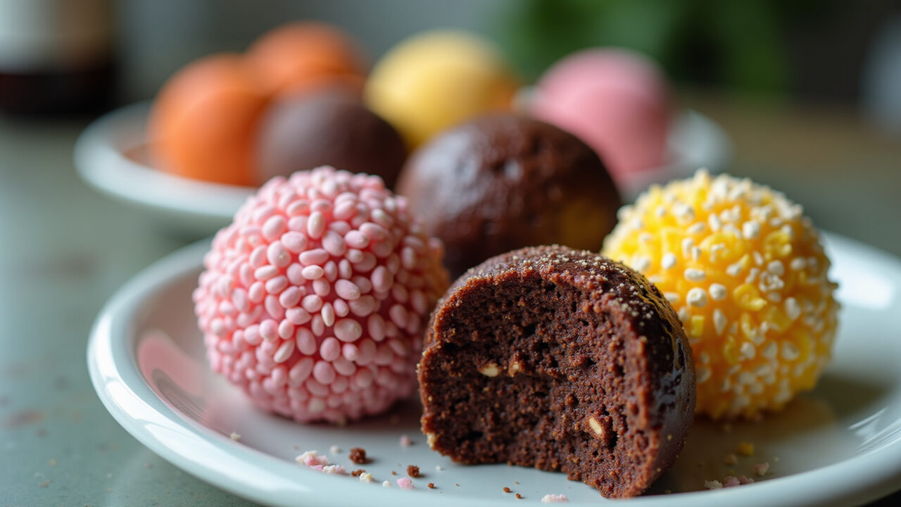 Vegan brigadeiro on a plate, Brazilian dessert, plant-based sweets, vibrant colors, commercial Brigadeiro vegano em prato, sobremesa brasileira.