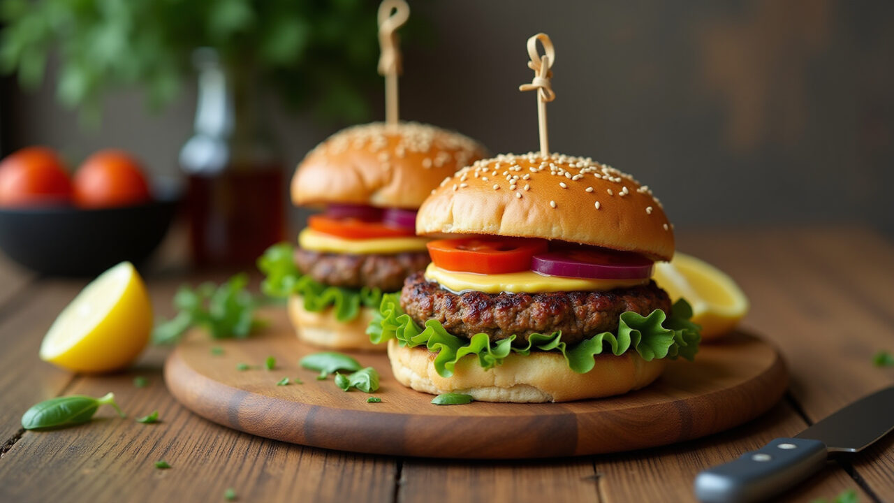 Vegan burger on a wooden board, plant-based meal, healthy eating, Brazilian ingredients, natural Hambúrguer vegano em tábua de madeira, ingredientes brasileiros.