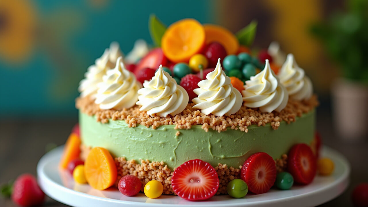 Vegan cake decorated with coconut whipped cream, showcasing a plant-based alternative. Farm Rio Bolo vegano decorado com chantilly vegetal