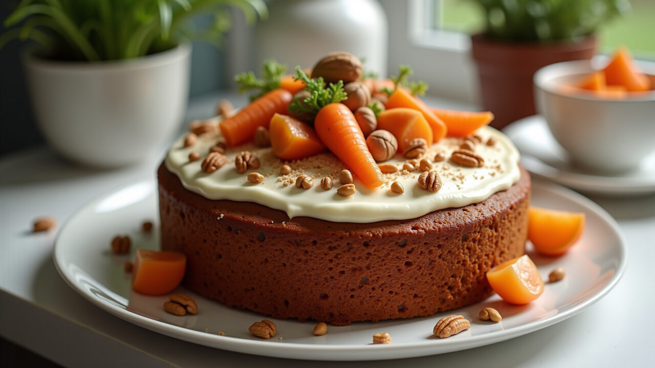 Vegan carrot cake, decorated with nuts and fruits, kitchen setting, natural light, 8k, Bolo de cenoura vegano.