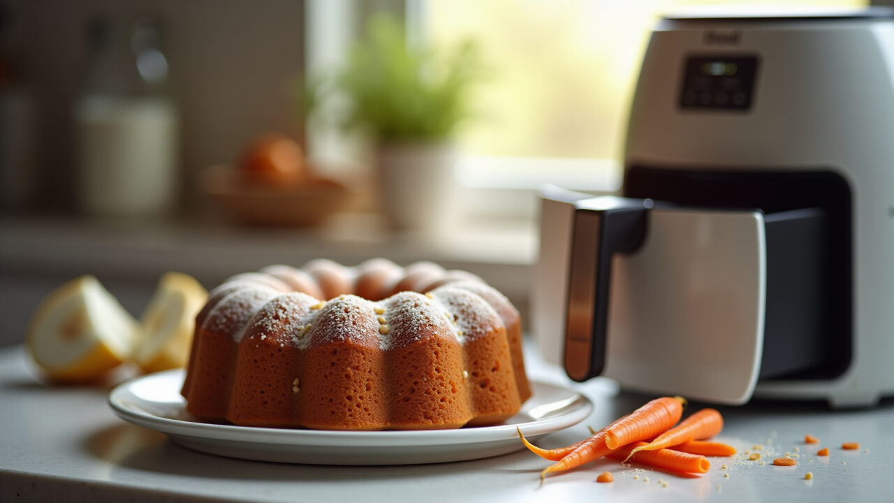 Vegan carrot cake for babies with almond milk and coconut oil, next to an air fryer, natural light, Bolo de cenoura vegano para bebê na airfryer.