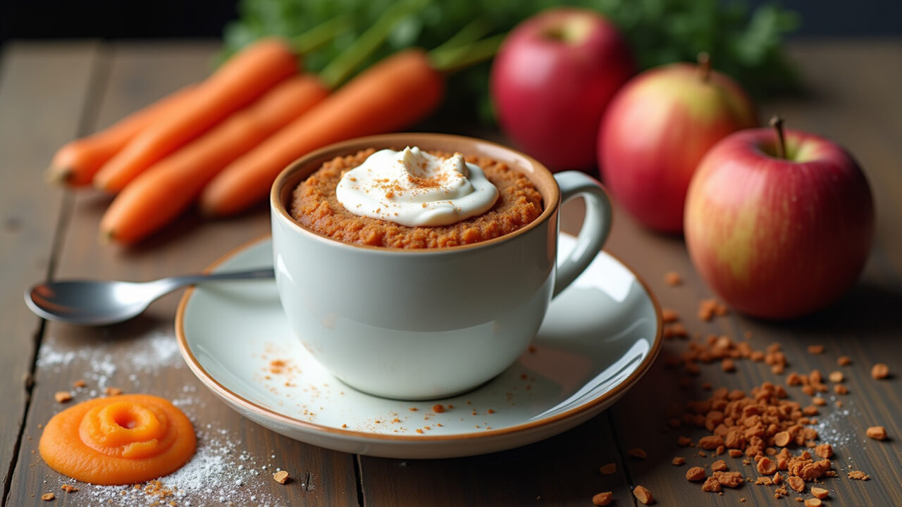 Vegan carrot mug cake, coconut milk, apple puree, rustic table, plant-based ingredients, 8k, sharp Bolo de cenoura vegano de caneca com leite de coco.