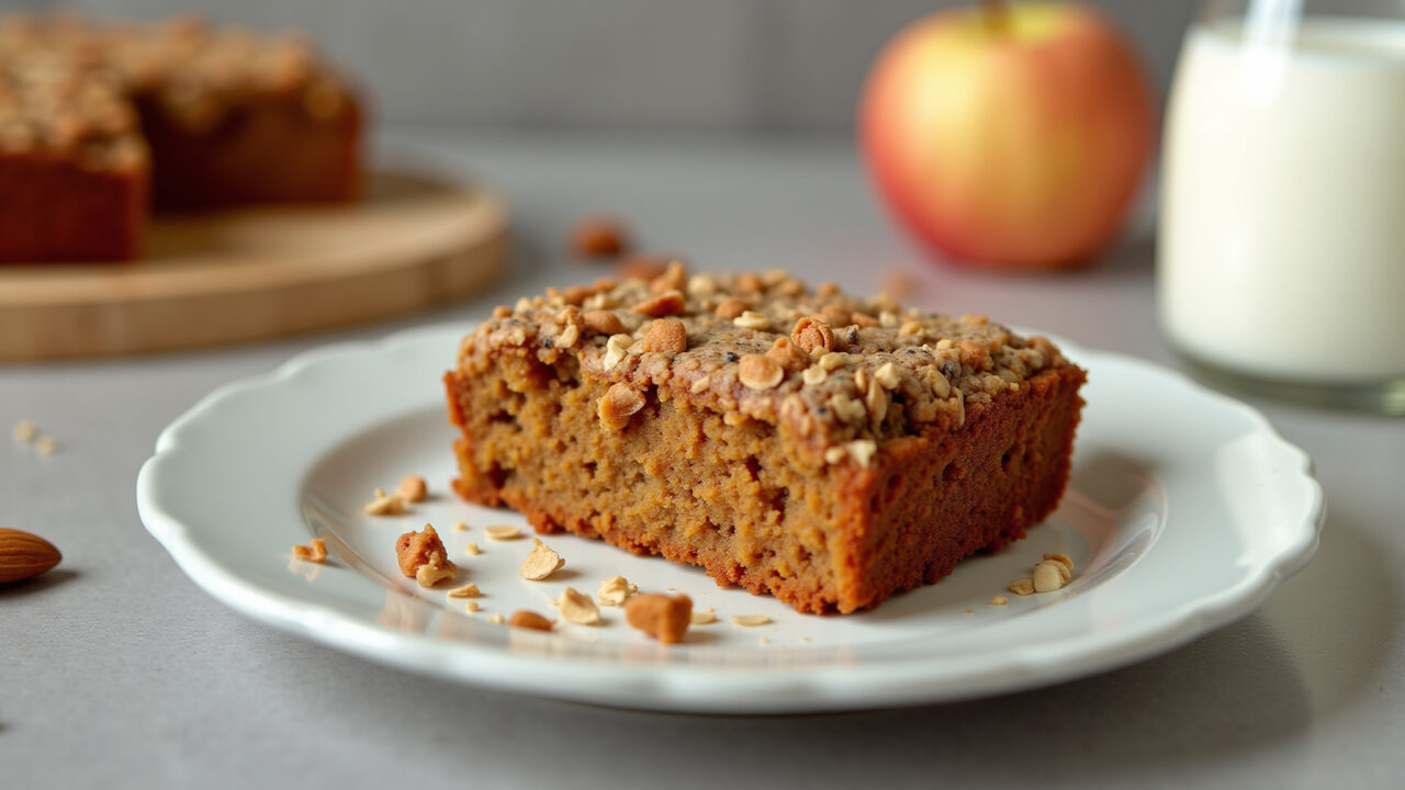 Vegan carrot oat cake, chia seeds, apple puree, almond milk, bright kitchen, natural light, 8K, Bolo de cenoura com aveia vegano.