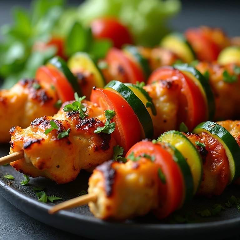 Vegan chicken skewers with vegetables, plant-based and healthy. Professional photography, 8K Espetinho de frango vegano com legumes, opção surpreendente.