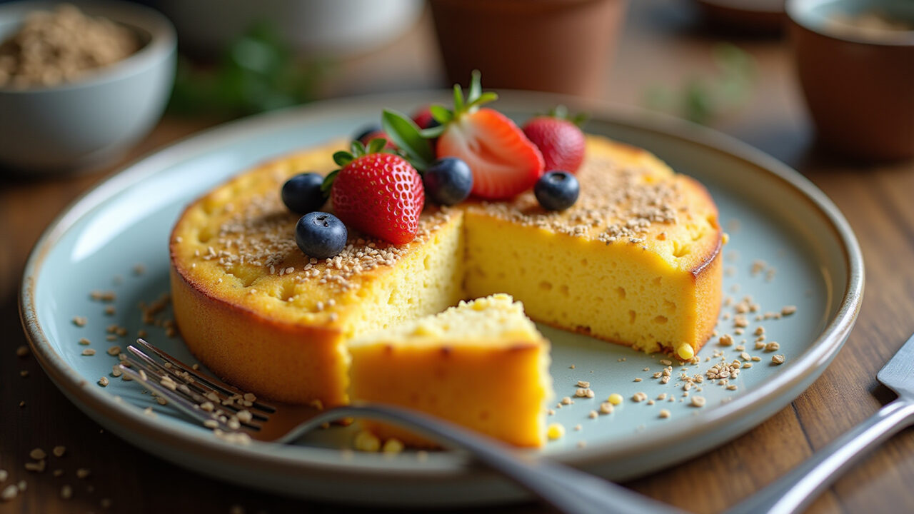 Vegan creamy corn cake with plant-based milk and flaxseed, rustic table setting, natural light, 8K, Bolo cremoso de milho vegano.