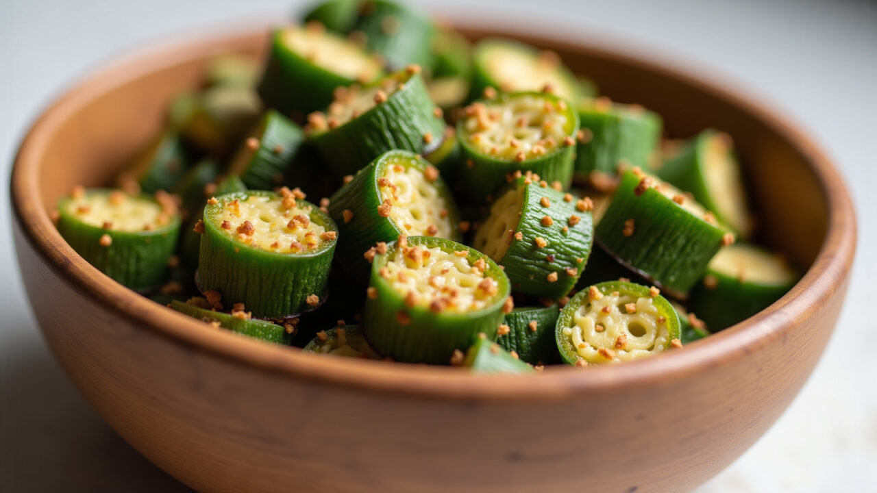 Vegan crispy baked okra, nutritional yeast, colorful spices, wooden bowl, natural light, 8K Quiabo vegano assado crocante.