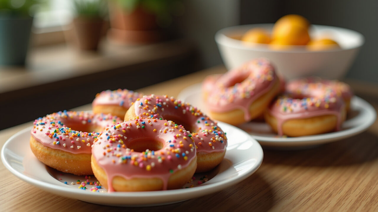 Vegan donuts, plant-based ingredients, colorful glaze, wooden table, natural light, 8K, Donuts veganos, sem ingredientes animais.