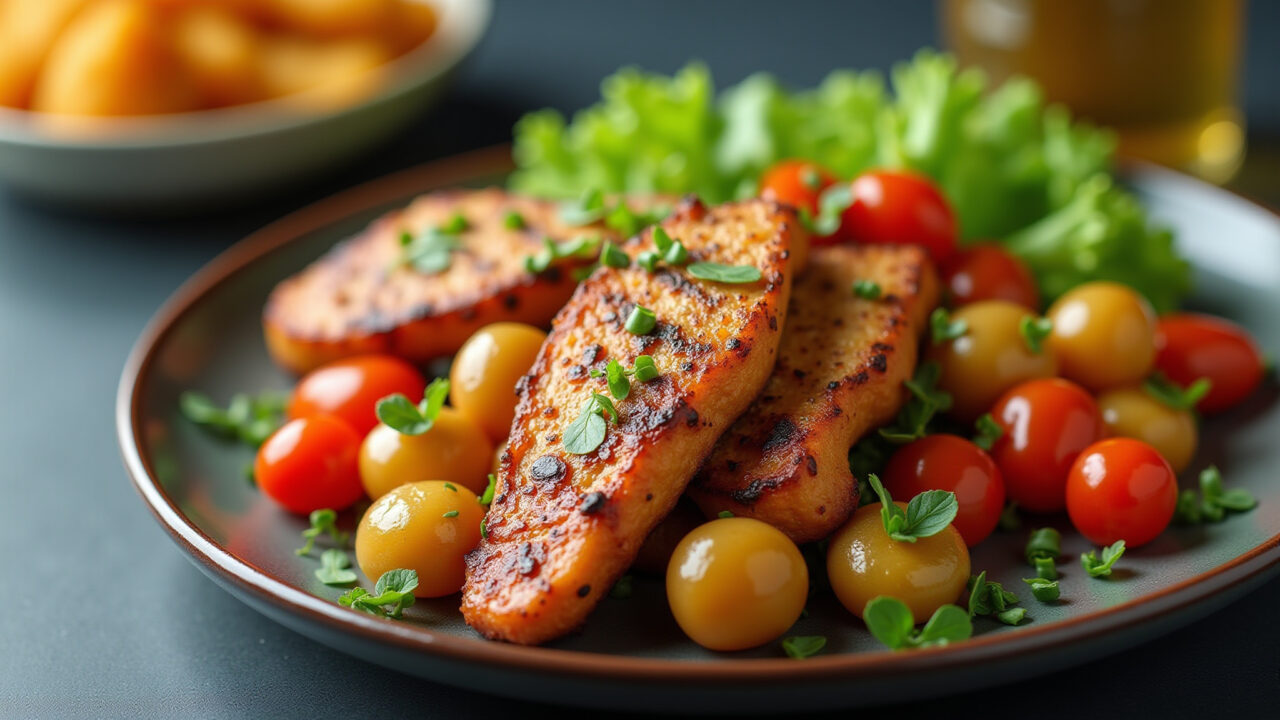 Vegan 'Frango com Quiabo', soy protein, vibrant vegetables, plant-based meal, natural light, 8k, Frango com Quiabo vegano com proteína de soja.