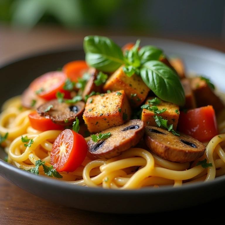 Vegan frango xadrez light with tofu and mushrooms, colorful vegetables, plant-based meal, natural Frango xadrez light vegano com tofu e cogumelos.