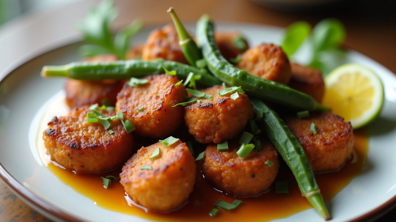 Vegan fried okra, plant-based ingredients, close-up, plate presentation, natural light, 8k, Quiabo frito vegano.