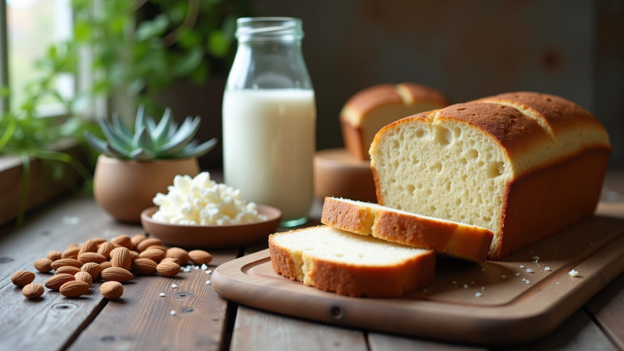 Vegan homemade bread, made with almond milk, rustic table, plant-based ingredients, natural light, Pão vegano caseiro com leite de amêndoas.