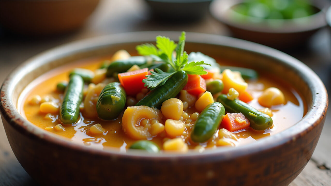 Vegan moqueca with okra, coconut milk, colorful vegetables, rustic bowl, natural lighting, 8K, Quiabo na moqueca vegana.