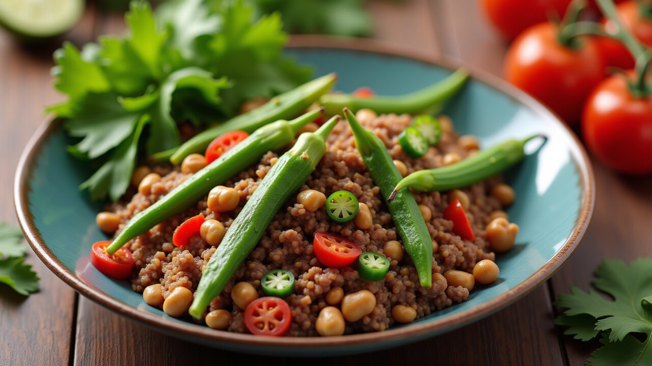 Vegan okra and 'ground beef' (soy or pea protein), colorful vegetables, professional photography, Quiabo com 'carne' moída vegano.