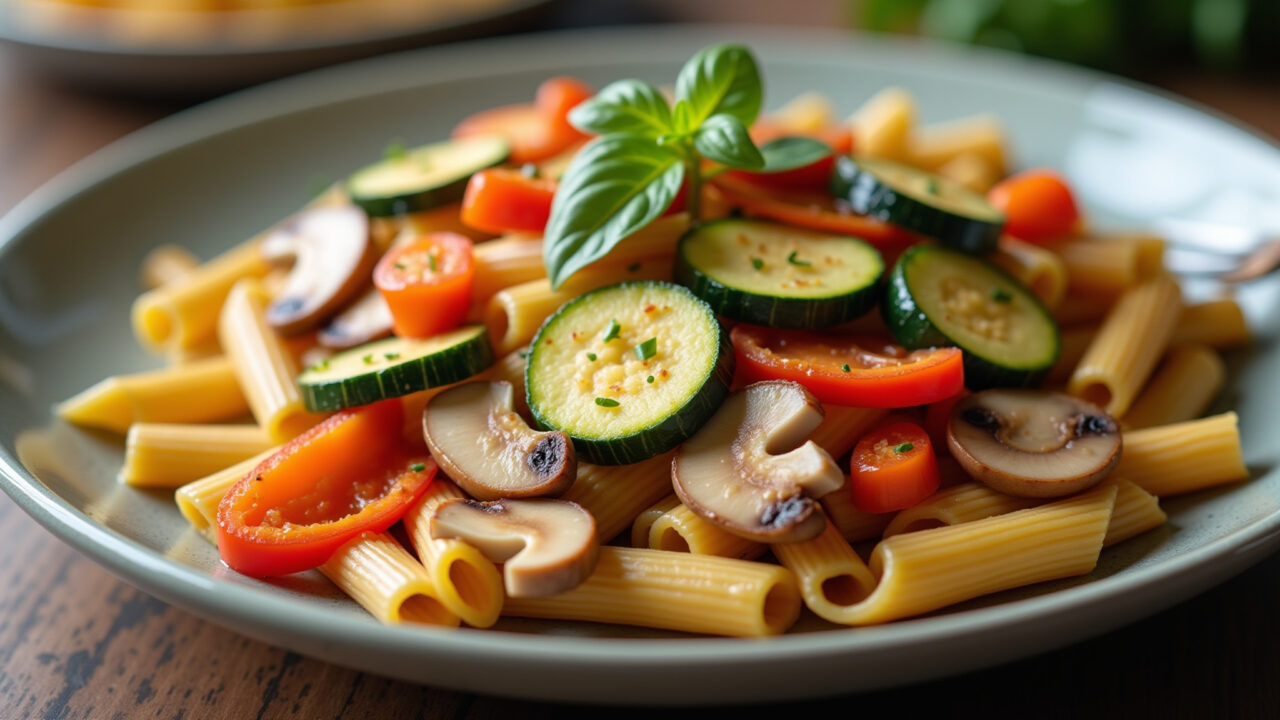 Vegan pasta with sauteed vegetables, zucchini, carrots, peppers, mushrooms, professional Macarrão com legumes salteados.