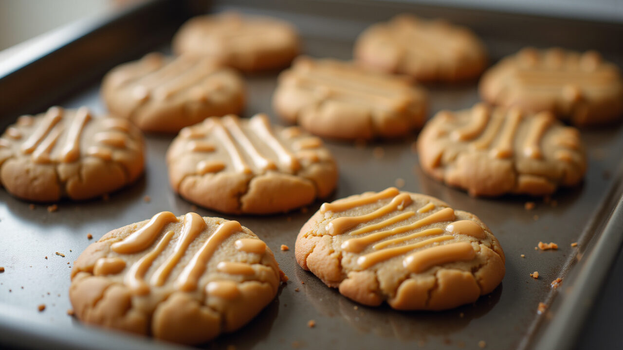 Vegan peanut butter cookies on a baking sheet, golden brown, professional photography, 8K quality, Cookies veganos de pasta de amendoim dourados em assadeira.