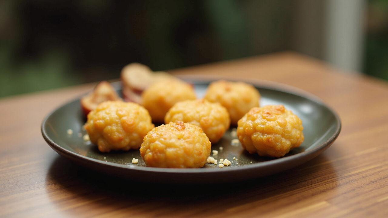 Vegan pão de queijo with polvilho doce, golden brown, rustic table, plant-based cheese, natural Pão de queijo vegano com polvilho doce, sem laticínios.