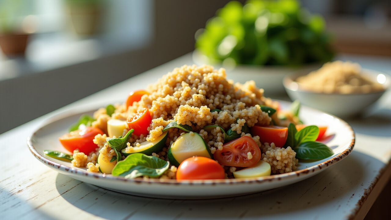 'Vegan quiabo refogado', colorful vegetables, coconut oil, quinoa, bright and airy setting, healthy Quiabo refogado vegano com legumes e quinoa.
